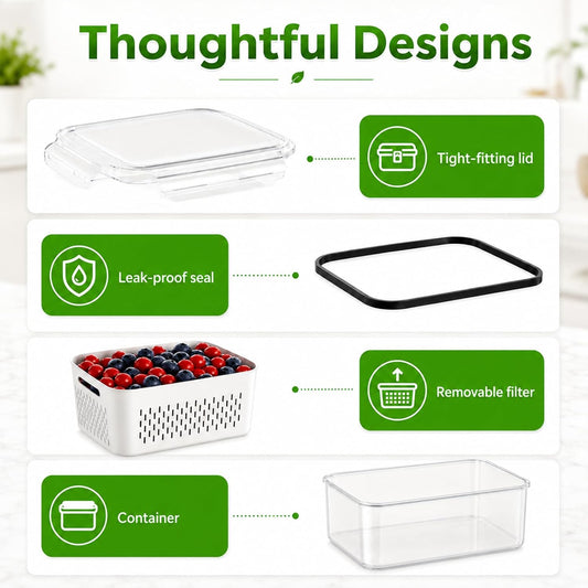 4 Pack Fruit Storage Containers, Airtight Produce Saver for Fridge | Airtight refrigerator storage containers with removable colander and stackable design for berries, fruits and vegetables