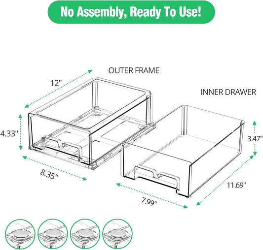 damynuo 2 Pack Refrigerator Drawers - Fridge Organizer Bins Stackable Storage Drawers, Clear Refrigerator Organizing Containers Pull Out Drawer for Fruit, Vegetable Storage and Keep Fresh