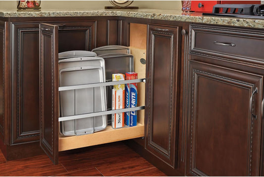 8" Pullout Wooden Bakeware Organizer Shelf for Kitchen Cabinets, Pots and Pans Wire Storage Rack w/ Soft-Close Slides, 447-BCSC-8C