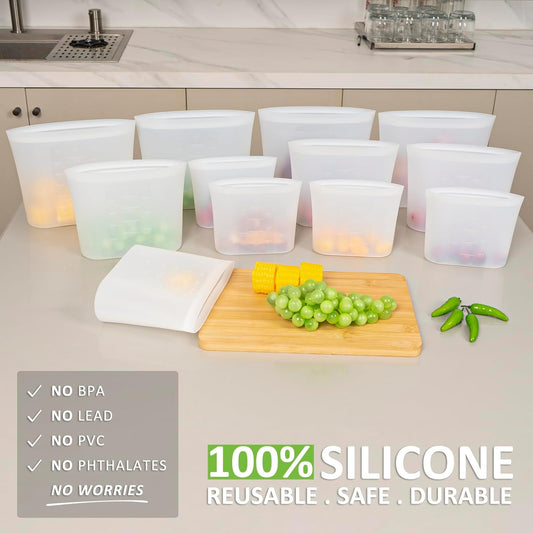 100% Silicone Reusable Storage Bag, Stand-Up Wide-Mouth Zip-Lock Food Storage Bags, Easy-Fill Easy-Open Easy-Clean Space-Saving, Microwave & Dishwasher Safe, 3 M/3 S/3 XS, Translucent