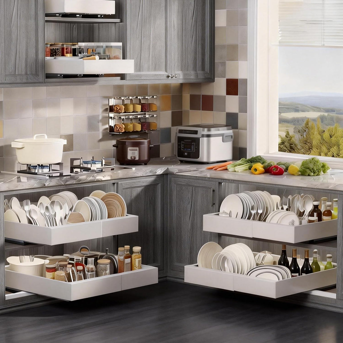 4-Pack Expandable Pull Out Cabinet Organizer 21" Deep with 3 Slide Rails, Adjustable Width (12"-22") Drawer Organizer for Kitchen Pantry Base Cabinets, Fixed with Roll Out Shelves Adhesive, White