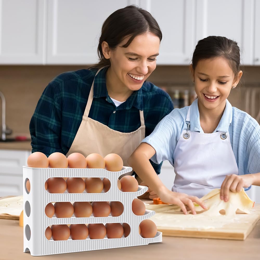 Egg Holder for Fridge, Egg Roller for Eggs 18 Count, 3 Tiers | Auto Rolling Egg Storage Organizer for Refrigerator, Slim Space Saving Container, Dispenser