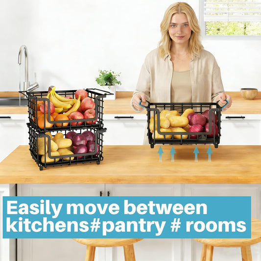 Stackable Metal Wire Vegetable Fruit Basket for Kitchen Counter Cabinet, Pantry Organizers and Storage Basket, Food Can Snack Onion Potato Bread Storage Shelf Freezer Organizer Bins Containers