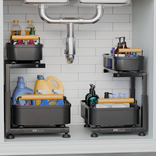 Premium Large Under Sink Organizer, 2-Tier Pull Out, Adjustable | Heavy-duty carbon steel, 7 adjustable heights and smooth ball-bearing sliding baskets for kitchen and bathroom cabinets