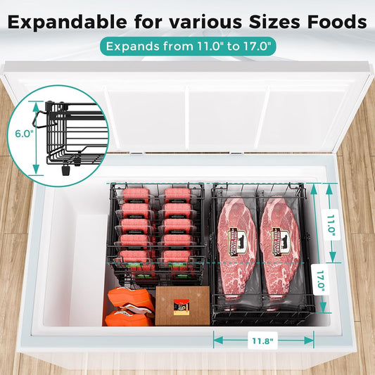 Expandable Freezer Organizer Bins for Deep Freezer (4 PCS, White) | Stackable Bins for Chest Freezer Organization | with 5 Tags for Efficient Classification | Fits 10 to 20 Cu.Ft Freezer