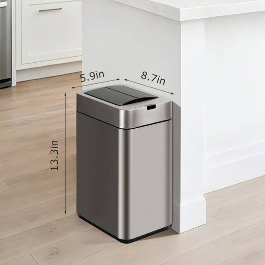 Slim Bathroom Trash Can, 2.6 Gallon, Butterfly Sensor Lid, Silver