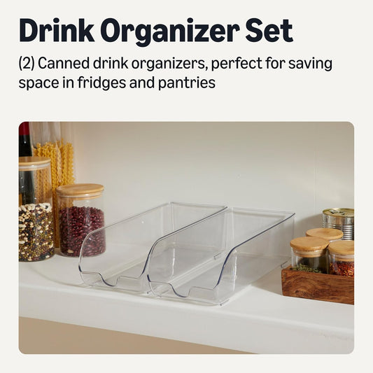 Food and Drink Can Organizer for Fridge or Pantry, 2-Piece Set, Self-Dispensing, Transparent Sides, non-stackable
