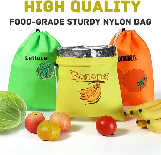 3Pcs Storage Bag with Aluminum Lining - 13.7x11", Banana & Lettuce Fresh Reusable Produce Bags Vegetable & Fruit Storage Bags with Foil Lining for Freshness, Refrigerator Safe.