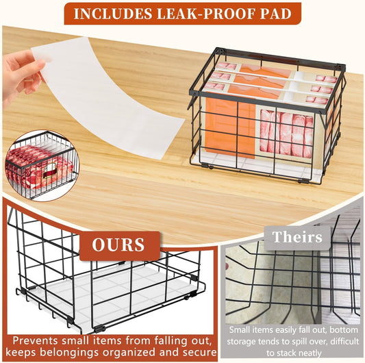 Freezer Organizer Bins, Upgrade Quick Expand/Collapse Feature, for 3.5 Cu.Ft Deep Freezer, Stackable Deep Freezer Organizer Bins, Black Wire Foldable Baskets with Handles (Black)