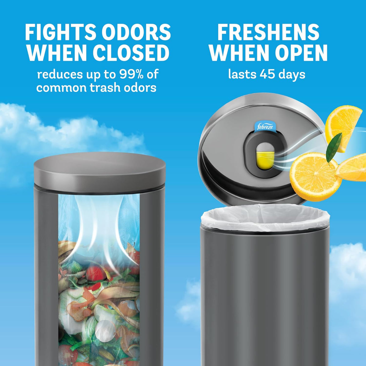 Odor Fighter, Can Air Freshener, Stick-On Deodorizer for Garbage Cans, Diaper Pails, Works with Scented Bags, Fresh Lemon and Linen & Sky Scents, 2 Holders + 2 Refills