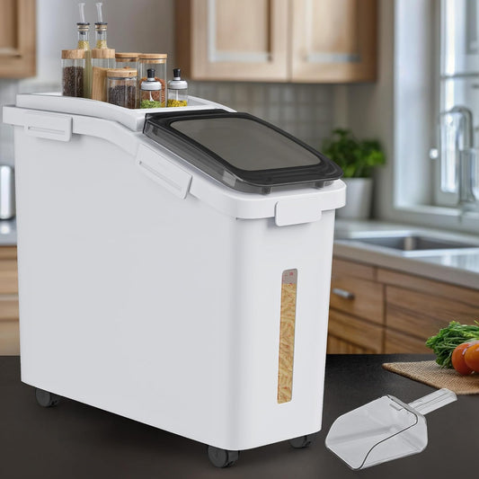 Large Flour Storage Container Ingredient Bins, 11.4-Gallon Rice Food storage Containers Bins with Wheels, Scoop and Airtight Lid for Bulk Rice, Cereal Grain, Sugar, White
