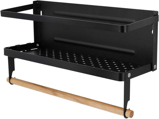 Magnetic Fridge Spice Rack- Space Saving Organizer Black Shelf on Refrigerator, Kitchen Paper Towel Holder, Foldable Design (Black-Small)