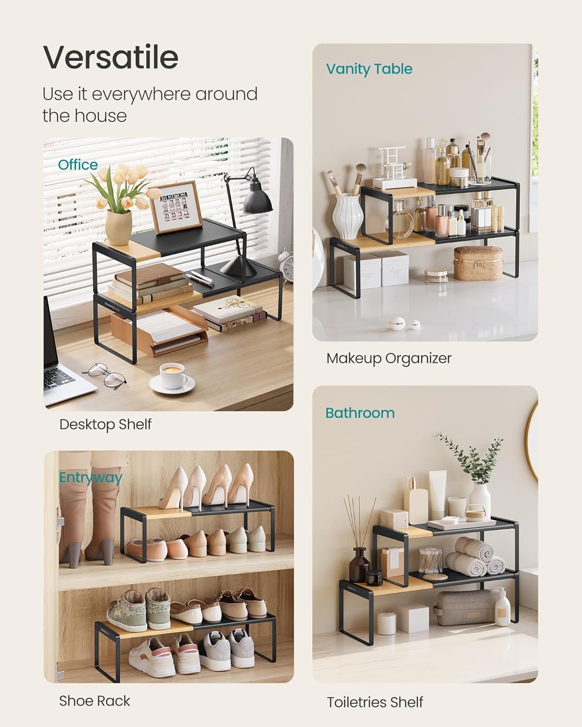 Spice Racks, Expandable Cupboard Shelf Orgnizers, Kitchen Counter Shelves, Bamboo and Metal, Space-Saving Shelving, Stackable, Light Bamboo and Cream White UKCS051N01