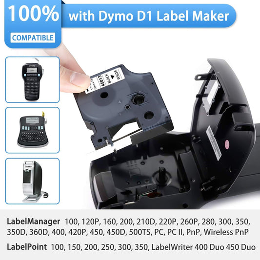 6-Pack Dymo D1 Label Tape 45013 Black on White 1/2 Inch x 23 Feet Compatible for DYMO LabelManager 160 280 210D 360D 420P Wireless PnP 220P 260P 500TS 450DUO