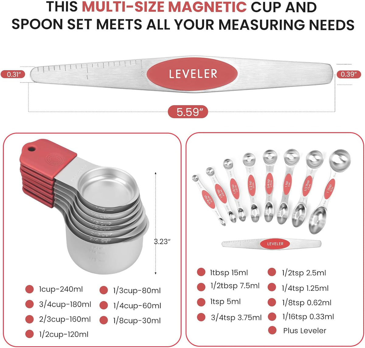 Magnetic Measuring Cups and Spoons Set-Heavy Duty 304 Stainless Steel