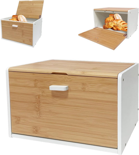 MinBoo Bread Box - Bamboo Bread Box for Kitchen Countertop, Large Capacity Kitchen Countertop Organizer Storage Bread Container Keep Fresh 14.1"x9"x8.3" (Need Assembly) (white&Bamboo)