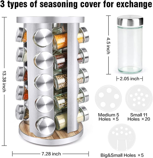 Spice Rack Organizer with Jars for Cabinet (20Pcs) Revolving/Rotating Seasoning Organizer, Stainless Steel/Wooden Countertop Rack Tower Organizer for Kitchen Pantry with Reusable Labels/Funnel/Brushes