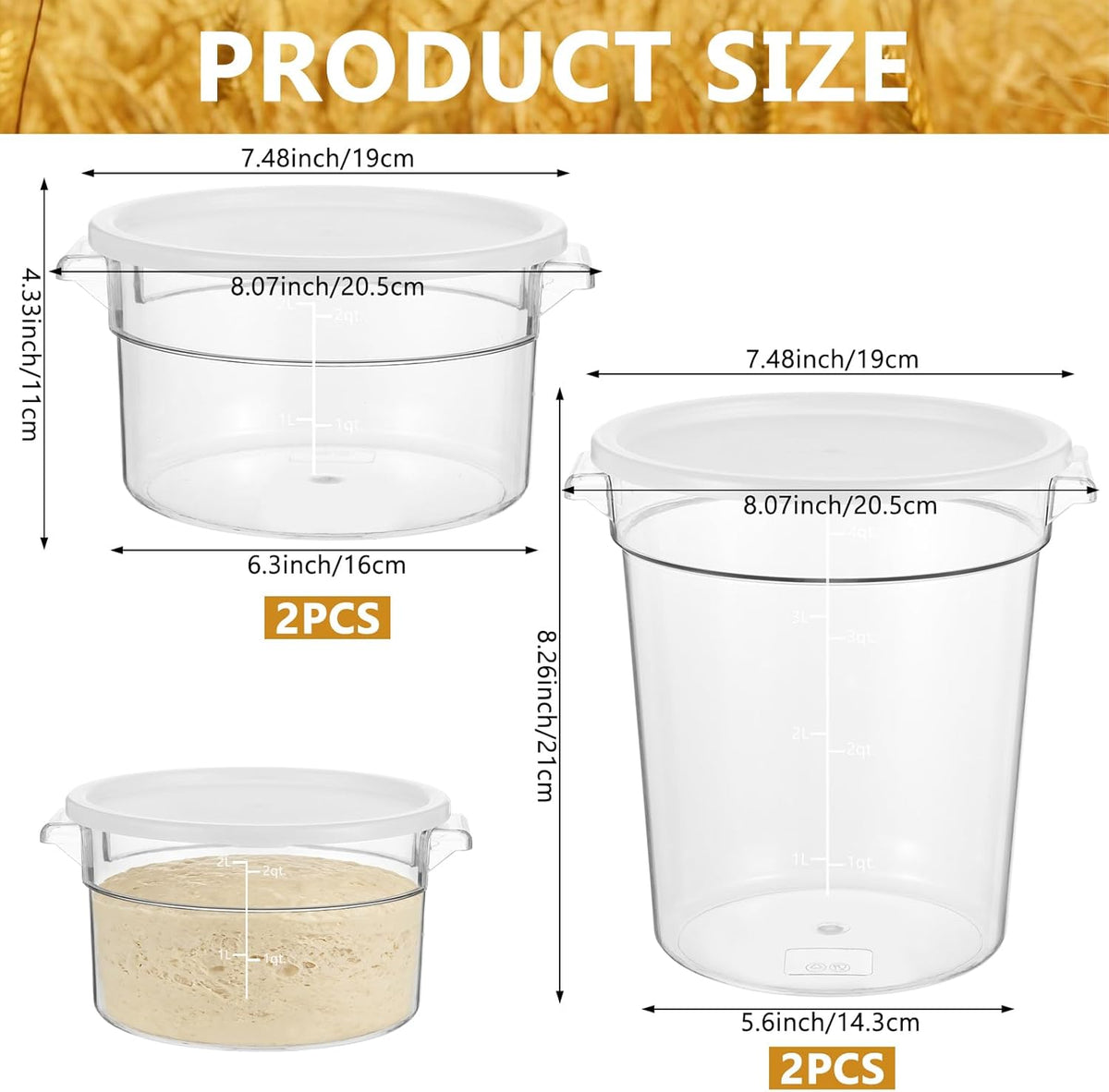 4 Pack Food Storage Containers with Lids, Clear Round Baking Container Storage with Handle and Scale, Dough Proofing Container for Kitchen, Refrigerator & Pantry