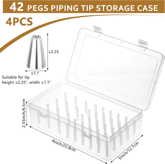 4 Pcs Piping Tips Storage Box with Fixed Pins 42 Pegs Piping Tip Organizer Baking Cake Decoration Tool Set Clear Plastic Cake Decorating Storage Box Container Baking Supplies Organizer