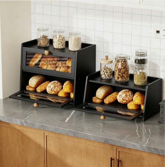 BAMBANG Bread Box for Kitchen Countertop, Extra Large Bamboo Bread Storage Container for Homemade Bread, Double Layer Sourdough Breadox, Bread Bin Organizer for Counter Cabinet Pantry, Brown