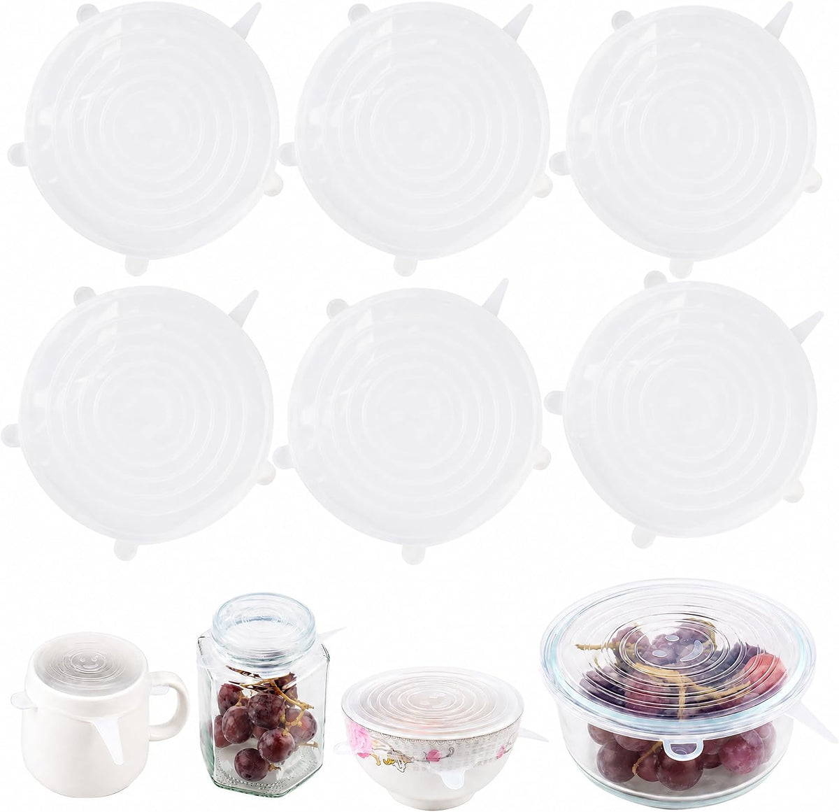 6pcs 2.5" Silicone Stretch Lids Reusable, Bowl Covers Food Storage for Home Container,Round Clear