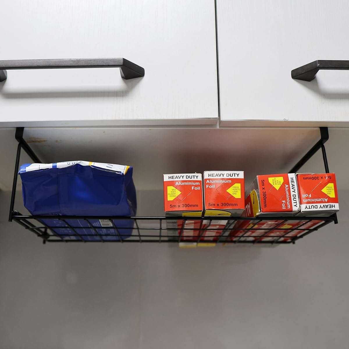 Foil and Plastic Wrap Organizer Kitchen Under Cabinet Desk Pantry Hanging Organizer Storage Foldable Rack (Black)