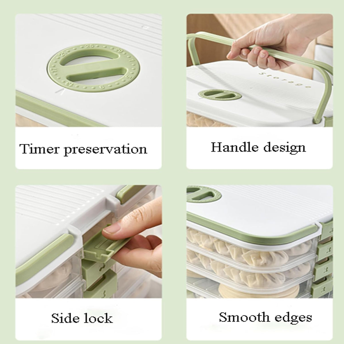 Dumplings Storage with 4 Layers, Stackable with Buckle, Lid & Handle for Cookies Wonton Donuts Box Organizer For Fridge, White-Green
