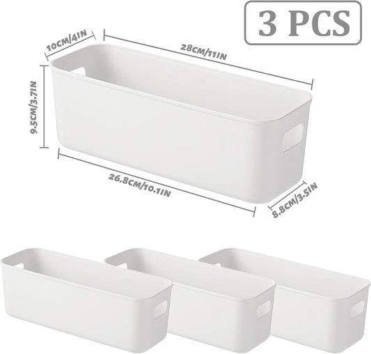 3 Pack White Storage Bin, 10" Long Bathroom Organizing Bins, Plastic Organizer Bins with Handles for Vanity, Pantry, Shelves