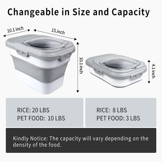 Komzon Rice Storage Container, Collapsible Airtight Food Storage Containers 6-20 Lbs, Rice Dispenser with Measuring Cup and Small Bin for Flour Cereal Pasta Grain, Cat Pet Dog Bird Food Container