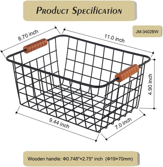 JUNCHU CHERRY Wire Kitchen Storage Basket 4 Packs,Perfect Pantry Organization Accessories Baskets,Laundry Basket,With a Wooden handle,Suitable for Kitchen,Bathroom,Bedroom,Tabletop,Stackable,Black