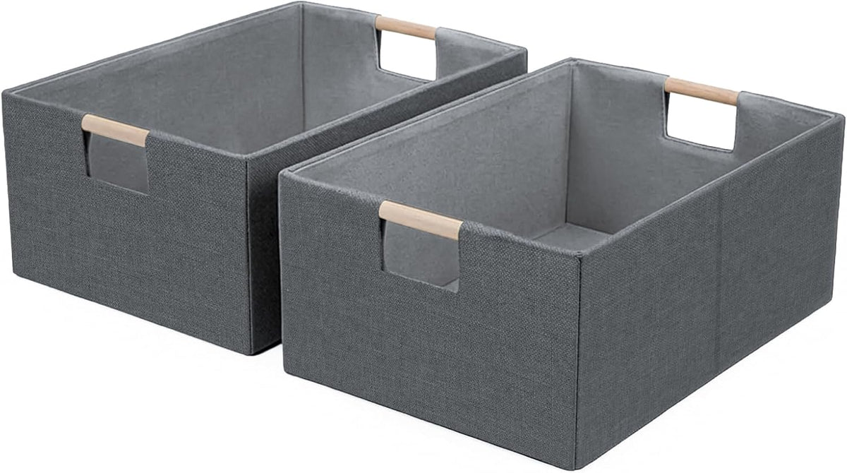 Foldable Fabric Storage Cubes, Cloth Storage Baskets with Wooden Handles, Collapsible Shelf Closet Organizer Bins, Rectangular Storage Boxes for Decor (Beige)