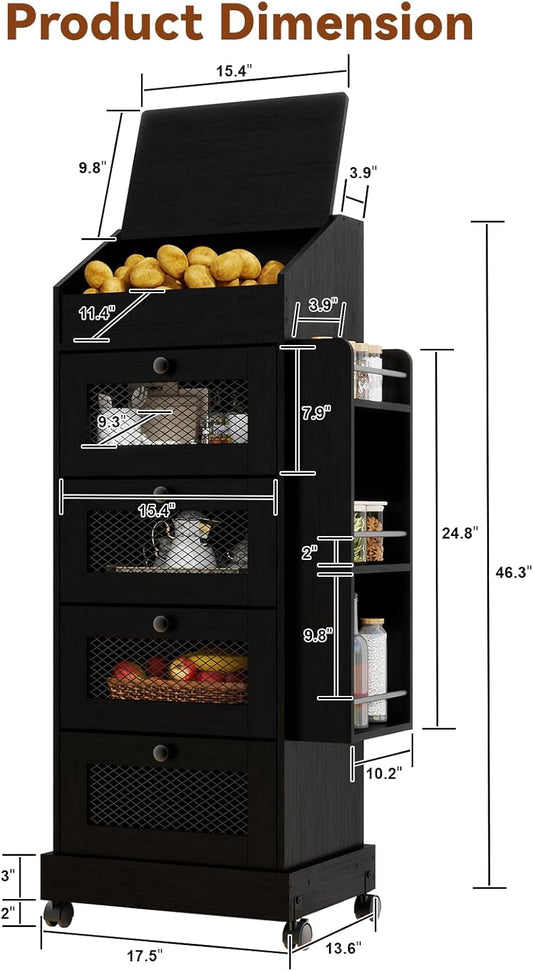 ARTETHYS Potato and Onion Storage Bin for Pantry 5-Tier Rolling Fruit and Vegetable Organizer with Spice Rack on Wheels Movable Large Bread Box Cabinet with 4 Ventilated Drawers for Kitchen, Rustic