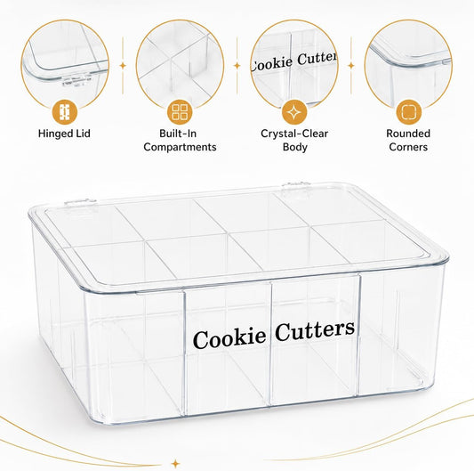Cookie Cutter Tool Storage Box,Cake Decorating Supplies Accessories Bins,Baking Storage Containers,Transparent Dustproof Lid,biscuits Cutter Organizer Storage with 8 Adjustable Compartment