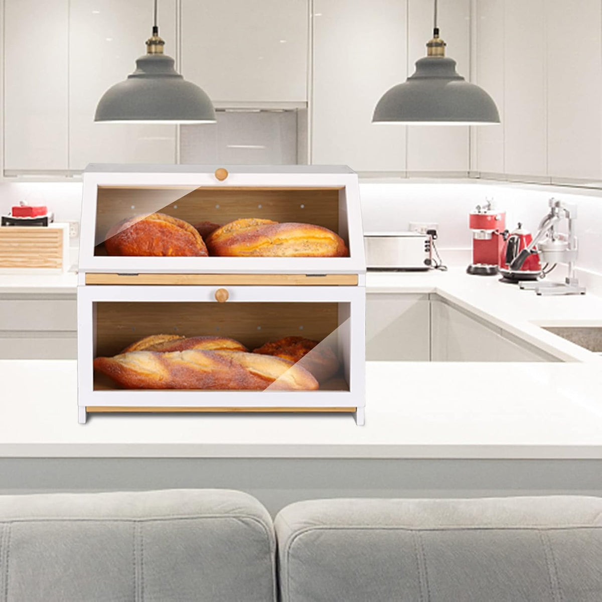 HOMEKOKO Double Layer Large Bread Box for Kitchen Counter, Wooden Large Capacity Bread Storage Bin (Black)