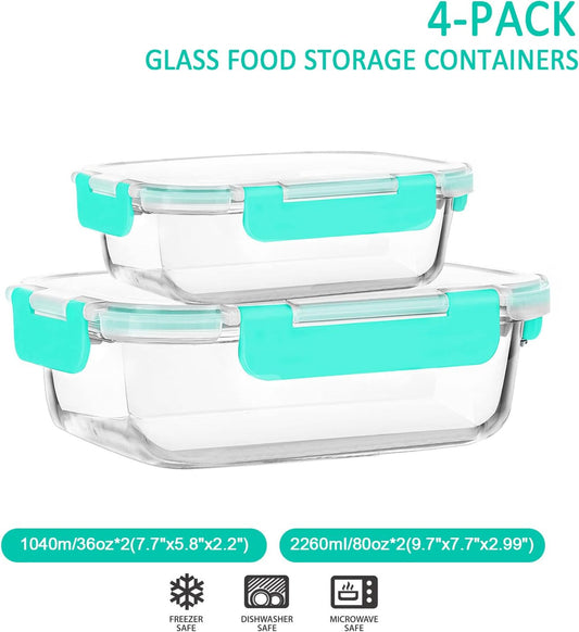 M MCIRCO [80 oz & 36 oz Extra Large Glass Food Storage/Baking Containers Set with Lids, 2 Pack 80 oz(10 cup)&2 Pack 36 oz (4.5 cup) Airtight Glass Container,Microwave,Oven,Freezer and Dishwasher