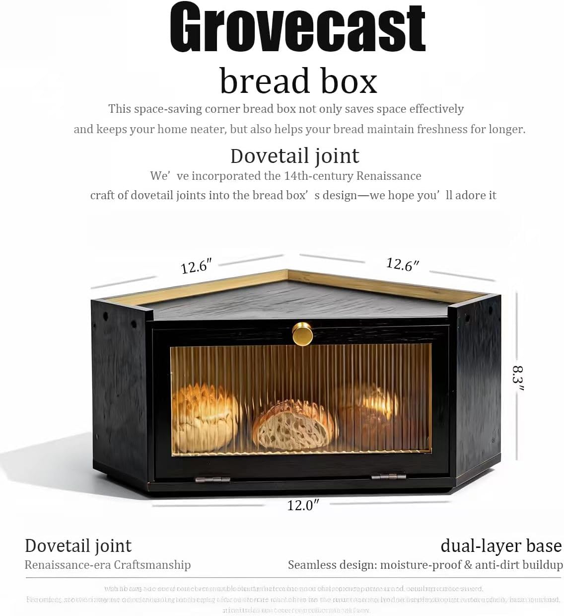 Corner Bread Box for Kitchen Countertop, Large Bamboo Bread Storage Container, Black Bread Storage Box with Reinforced Structure, Multi-functional Bread Keeper Box with Acrylic Door Panel, Black