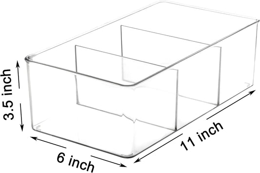 Youngever 2 Pack Clear Plastic Packet Storage Organizer 11" x 6" x 3.5", 3 Divided Sections Pantry Organizer, Holder for Snacks, Soups, Seasoning Packets