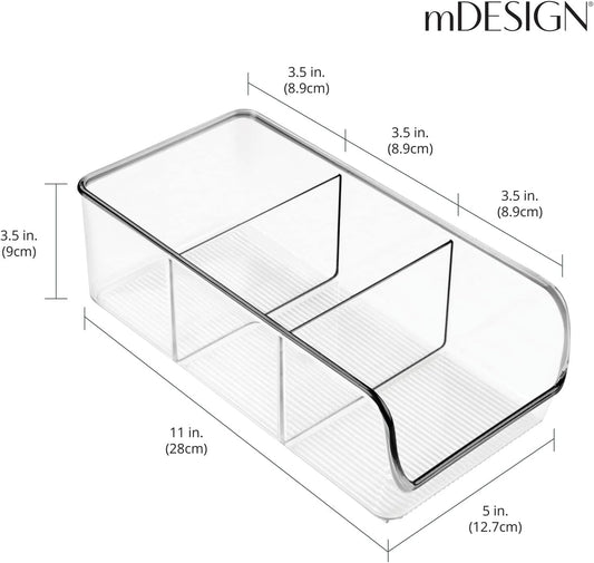 mDesign Plastic Food Storage Bin Organizer with 3 Compartments for Kitchen Cabinet, Pantry, Shelf, Drawer, Fridge, Freezer Organization - Holds Snack Bars - Ligne Collection - 4 Pack - Clear