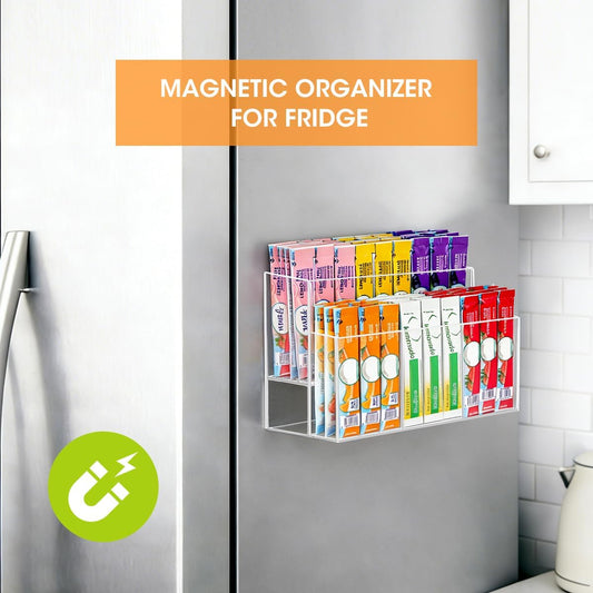 AIEVE Magnetic Drink Packet Organizer, 2-Tier Fridge Organizer Cabinet Door Holder, Acrylic Water Packet Holder for Kitchen Fridge Organizers and Storage (Magnetic & Adhesive)