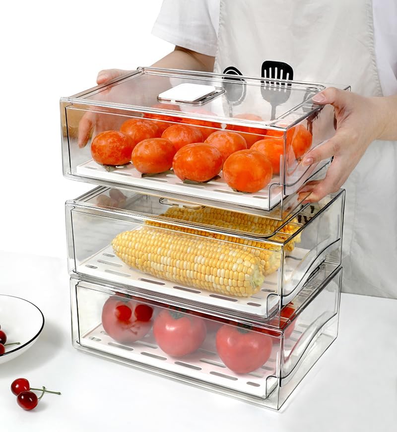 Refrigerator Organizers and Storage Drawer, Stackable Fruit Storage Containers for Fridge, Reusable Fridge Organizer fit for Kitchen Refrigerator and Restaurant Freezer (2 Drawers, Large)