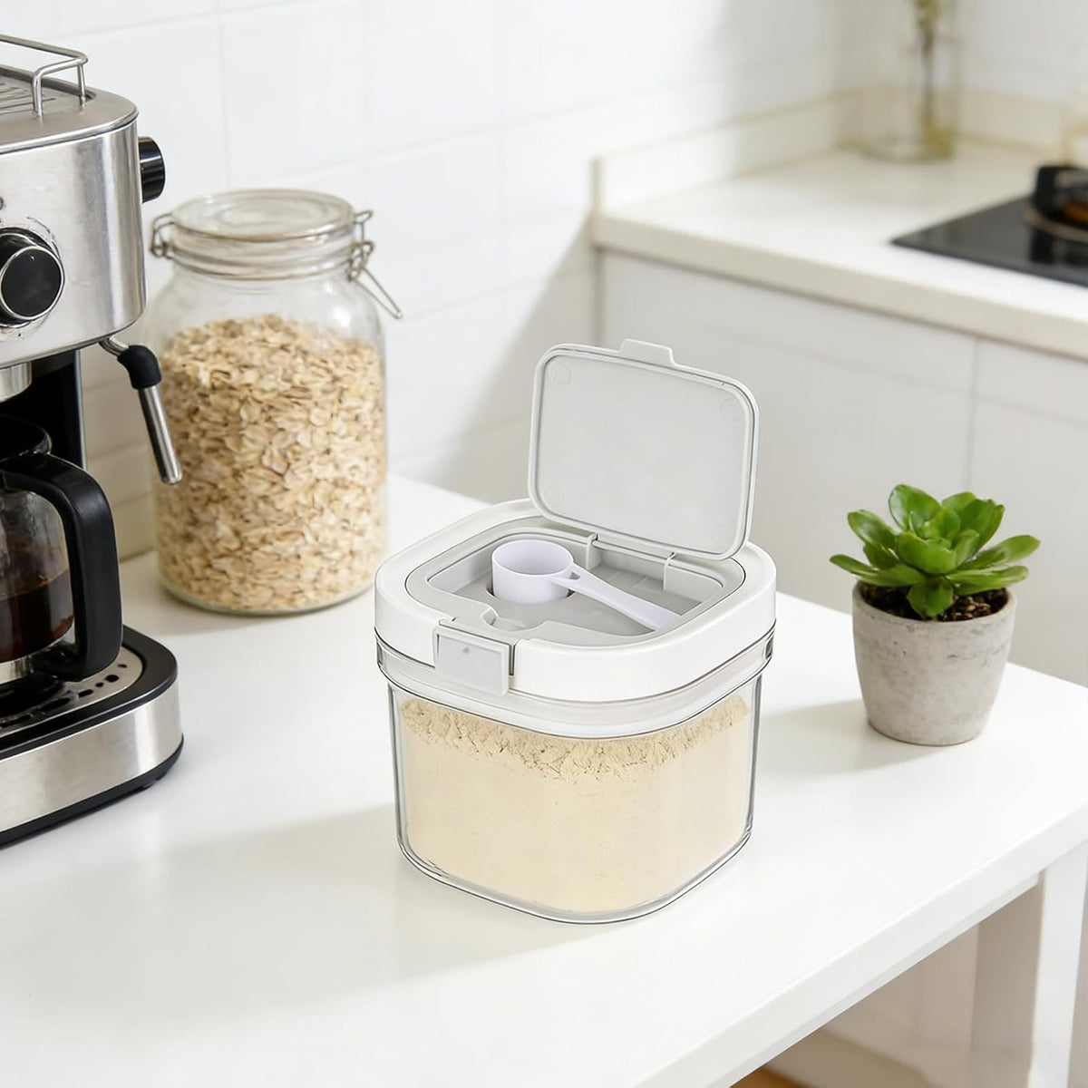 FMOACEN 27 oz Protein Powder Container with Measuring Spoon Airtight Protein Container Moisture-Proof Food Storage Canister for Coffee Sugar Flour Cereal and Dry Foods, Stackable and Easy to Clean