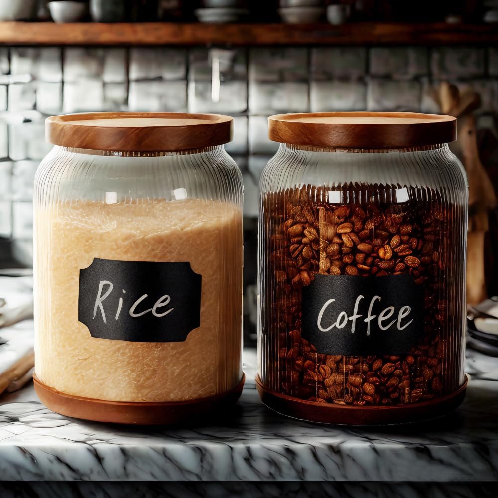 SAIOOL 2-Pack Striped Borosilicate Glass Airtight Canisters - Big mouth Large Capacity, Acacia Wood Lid, Food Storage Jars for Flour, Pasta, Pantry Organization (1/2 Gallon (Yellow Press lid 2 pack))