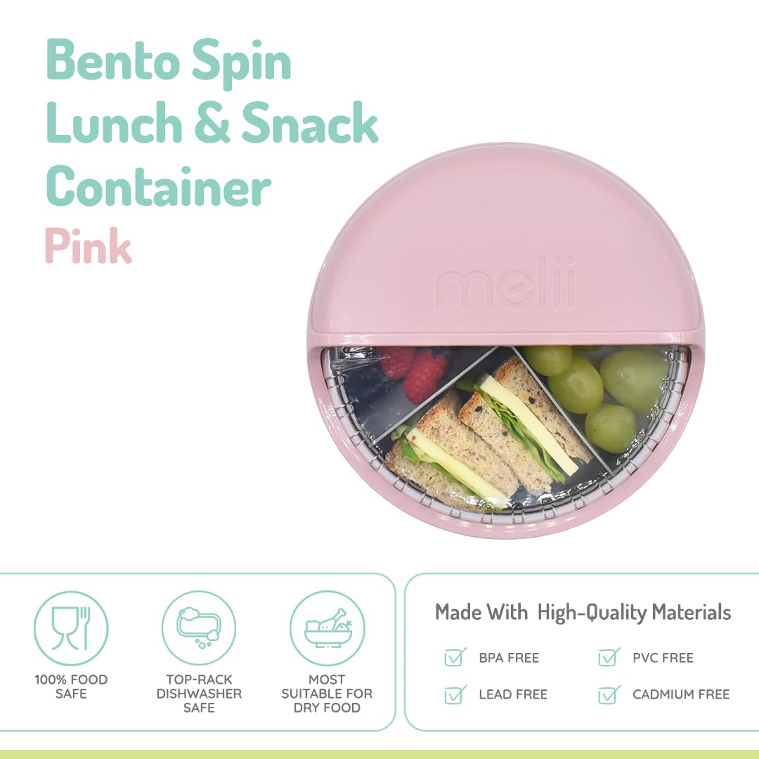 melii Spin Snack Container | 3-Compartment Rotating Snack Box with Sliding Window, BPA-Free, Dishwasher Safe, Portable Snack Container for Kids Ages 3+ (Blue)