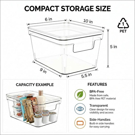 MOONEDGE Small Clear Plastic Storage Bins with Lids and Handles,Stackable Small Item Organizer Containers for Vanity,Craft,Office,Fridge,Kitchen,Pantry,Bathroom,Closet – (10×6×5 in)