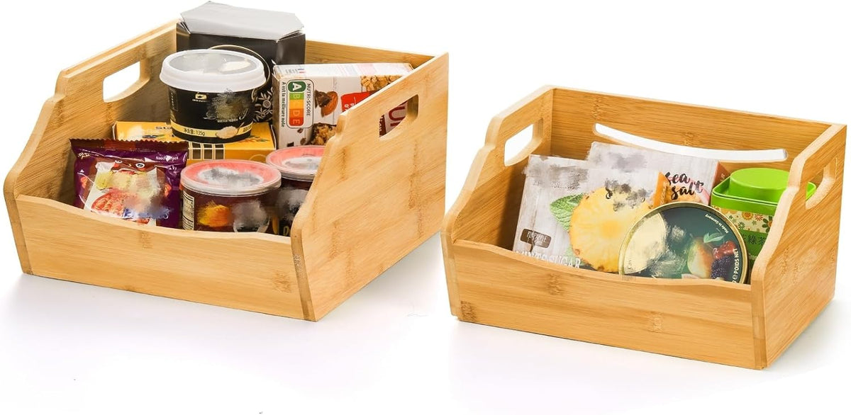 Cididu 2 Pack Bamboo Stackable Storage Bin, Countertop Open Front Stacking Bins, 2 Tier Organize Basket Box with Handle, Food Fruit Container for Cabinet, Kitchen, Studio, Office