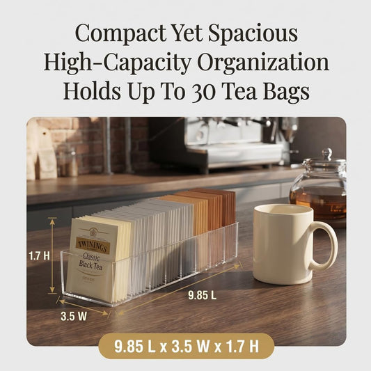 Tea Bag Organizer, Clear Acrylic Tea Bag Holder with 8 compartments, Tea Packet Storage for Drawer, Pantry, Kitchen, Cabinet, Countertop
