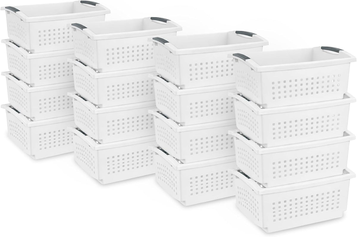 Sterilite Large Stacking Basket, Open Top Storage Bin with Handles, White - Ideal for Home Closets, Kitchens, or Office Organization