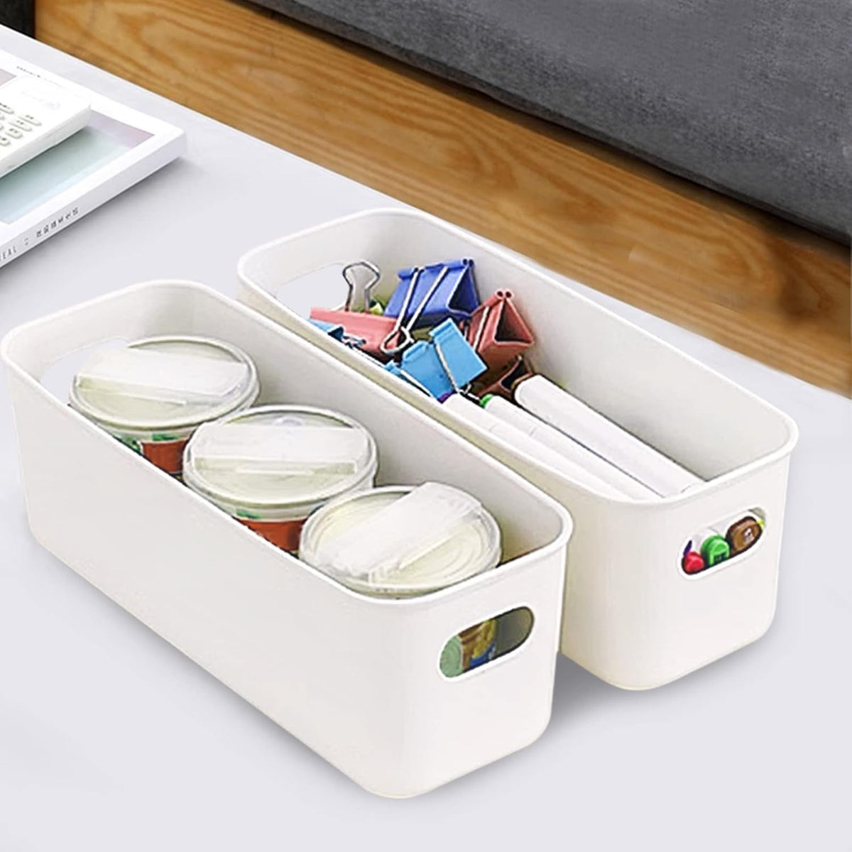 3 Pack White Storage Bin, 10" Long Bathroom Organizing Bins, Plastic Organizer Bins with Handles for Vanity, Pantry, Shelves