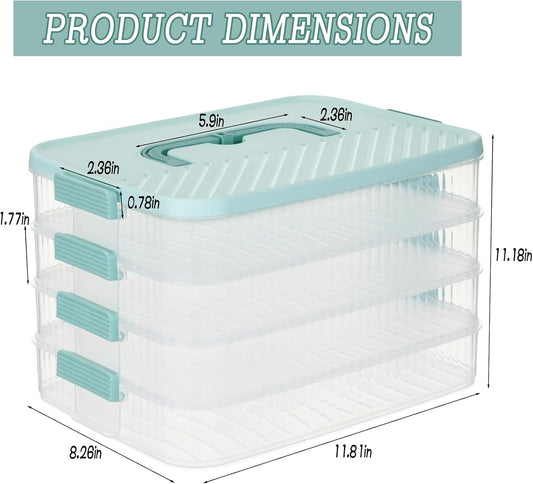 4-Layer Stackable Cookie Airtight Storage Containers with Lids, Portable Plastic Cookie Storage Case Snack Containers for Desserts, Cupcakes, Snacks, Dumplings, Fruit- Blue Lid