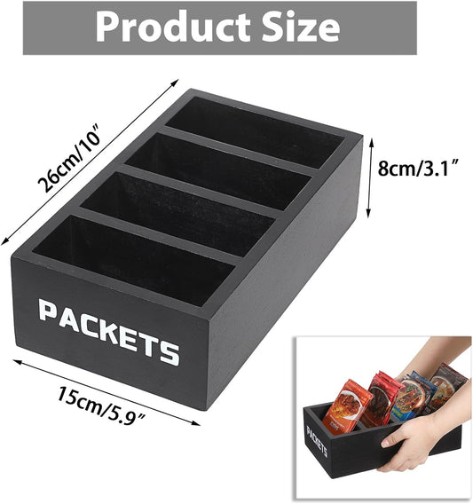 BSTKEY Seasoning Packet Organizer, Food Packet Storage Organizer with 4 Compartments, Wooden Storage Caddy for Kitchen Pantry Cabinet, Farmhouse Kitchen Organization Bin for Snacks Spice Packets